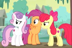 Size: 1032x684 | Tagged: safe, screencap, apple bloom, scootaloo, sweetie belle, earth pony, pegasus, pony, unicorn, g4, growing up is hard to do, bow, cropped, cutie mark, cutie mark crusaders, female, hair bow, mare, older, older apple bloom, older cmc, older scootaloo, older sweetie belle, the cmc's cutie marks, trio