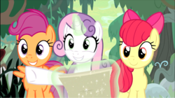 Size: 1376x773 | Tagged: safe, screencap, apple bloom, scootaloo, sweetie belle, earth pony, pegasus, pony, unicorn, g4, growing up is hard to do, bow, cropped, cutie mark, cutie mark crusaders, female, glowing horn, hair bow, horn, levitation, magic, map, mare, older, older apple bloom, older cmc, older scootaloo, older sweetie belle, pointing, raised hoof, smiling, telekinesis, the cmc's cutie marks, trio, underhoof