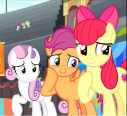 Size: 848x774 | Tagged: safe, screencap, apple bloom, floral pattern, fruit pack, happy khaki, ruby splash, scootaloo, sweetie belle, trail blazer, earth pony, pegasus, pony, unicorn, g4, growing up is hard to do, bow, cropped, cute, cutie mark, cutie mark crusaders, female, hair bow, hoof on cheek, mare, older, older apple bloom, older cmc, older scootaloo, older sweetie belle, raised hoof, smiling, the cmc's cutie marks, trio focus