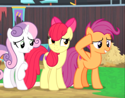 Size: 867x682 | Tagged: safe, screencap, apple bloom, scootaloo, sweetie belle, earth pony, pegasus, pony, unicorn, g4, growing up is hard to do, bow, cropped, cutie mark, cutie mark crusaders, female, hair bow, hoof on head, mare, older, older apple bloom, older cmc, older scootaloo, older sweetie belle, raised hoof, smiling, the cmc's cutie marks, trio