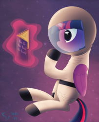 Size: 3700x4556 | Tagged: safe, artist:cosmikvek, twilight sparkle, alicorn, pony, g4, astronaut, book, female, floating, glowing horn, horn, magic, solo, space, spacesuit, telekinesis, twilight sparkle (alicorn)