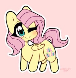 Size: 1108x1136 | Tagged: safe, artist:charcoaly, fluttershy, pony, g4, chibi, cute, female, one eye closed, pink background, shyabetes, simple background, solo, wink