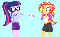 Size: 2456x1508 | Tagged: safe, artist:draymanor57, rarity, sci-twi, sunset shimmer, twilight sparkle, human, equestria girls, g4, clothes, clothing transformation, frilly underwear, inanimate tf, panties, panties transformation, poof, ribbon, transformation, underwear, white underwear