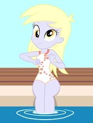 Size: 1536x2048 | Tagged: safe, artist:draymanor57, derpy hooves, equestria girls, g4, clothes, one-piece swimsuit, show accurate, sitting, swimming pool, swimsuit, swimsuit edit