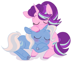Size: 1253x1069 | Tagged: dead source, safe, artist:pinkiespresent, starlight glimmer, trixie, pony, unicorn, g4, blushing, cute, diatrixes, eyes closed, featured image, female, glimmerbetes, lesbian, mare, ship:startrix, shipping, simple background, sleeping, sweet dreams fuel, transparent background