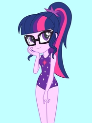 Size: 1536x2048 | Tagged: safe, artist:draymanor57, sci-twi, twilight sparkle, equestria girls, g4, blue background, clothes, cute, female, glasses, one-piece swimsuit, ponytail, simple background, solo, swimsuit, swimsuit edit, twiabetes