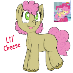 Size: 500x500 | Tagged: safe, artist:princessmuffinart, li'l cheese, pinkie pie, oc, oc only, earth pony, pony, g4, the last problem, cute, female, filly, foal, holding a pony, li'l cuteese, missing cutie mark, mother and child, mother and daughter, older, older pinkie pie, screencap reference, simple background, solo focus, tongue out, white background
