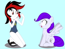Size: 2048x1536 | Tagged: safe, artist:draymanor57, oc, oc:blackjack, oc:morning glory (project horizons), human, pegasus, pony, fallout equestria, fallout equestria: project horizons, equestria girls, g4, clothes, equestria girls-ified, fanfic art, feet, flip-flops, heel pop, humanized, implied transformation, one-piece swimsuit, sandals, species swap, spread wings, surprised, swimsuit, wings