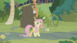 Size: 1366x764 | Tagged: safe, screencap, angel bunny, antoine, fluttershy, harry, bear, mouse, pegasus, pony, python, snake, g4, she talks to angel, body swap, bush, card game, complaining, female, flower, mare, not fluttershy, sarcasm, sweet feather sanctuary