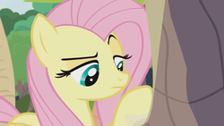 Size: 1366x768 | Tagged: safe, screencap, angel bunny, fluttershy, pony, g4, she talks to angel, body swap, don't care, female, frown, lidded eyes, looking down, mare, not fluttershy, raised eyebrow, raised hoof, solo, unamused
