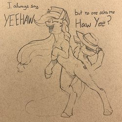 Size: 2048x2048 | Tagged: safe, artist:greyscaleart, applejack, earth pony, pony, g4, cowboy hat, female, hat, hat over eyes, high res, mare, monochrome, pencil drawing, rearing, solo, traditional art, yeehaw