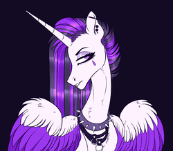 Size: 2212x1942 | Tagged: safe, artist:eeelt, princess celestia, alicorn, pony, between dark and dawn, g4, alternate color palette, alternate hair color, black background, collar, ear piercing, earring, female, goth, horn, jewelry, lip piercing, makeup, piercing, punklestia, simple background, solo, spiked collar, spread wings, wings