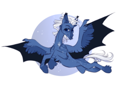 Size: 2000x1428 | Tagged: safe, artist:eeelt, night glider, bat pony, pegasus, pony, g4, alternate design, bat glider, bat ponified, female, flying, male, mare, moon, race swap, simple background, solo, spread wings, wing claws, wings