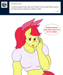 Size: 1280x1515 | Tagged: safe, artist:matchstickman, apple bloom, earth pony, anthro, matchstickman's apple brawn series, tumblr:where the apple blossoms, g4, abs, apple brawn, biceps, bow, breasts, busty apple bloom, clothes, comic, deltoids, dialogue, female, implied shipping, implied straight, implied tenderbloom, innuendo, looking at you, male, mare, muscles, muscular female, older, older apple bloom, shirt, simple background, skirt, solo, talking to viewer, tumblr comic, white background