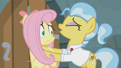 Size: 1364x768 | Tagged: safe, screencap, angel bunny, doctor fauna, fluttershy, earth pony, pegasus, pony, g4, she talks to angel, body swap, clothes, door, duo, female, mare, not fluttershy, oops, panic, shirt, shocked