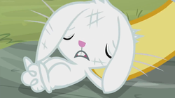 Size: 1366x768 | Tagged: safe, screencap, angel bunny, doctor fauna, fluttershy, rabbit, g4, she talks to angel, animal, body swap, dirty, exhausted, eyes closed, frazzled, hoof hold, male, not angel bunny, solo focus, tired