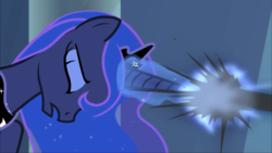 Size: 1600x900 | Tagged: safe, screencap, princess luna, pony, g4, the ending of the end, leak, canterlot castle, castle, crown, eyes closed, eyeshadow, female, jewelry, magic, magic drain, magic theft, makeup, mare, open mouth, pain, regalia, solo, throne room