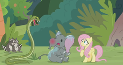 Size: 1366x726 | Tagged: safe, screencap, angel bunny, antoine, fluttershy, muriel, smoky, softpad, elephant, pegasus, pony, python, raccoon, snake, g4, season 9, she talks to angel, animal, body swap, bush, drool, female, hissing, mare, not fluttershy, raised hoof, red nosed, scared, scaring, spit, swollen, wet