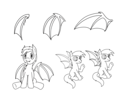 Size: 2048x1536 | Tagged: safe, artist:tikibat, derpibooru exclusive, oc, oc:silver eclipse, oc:stardust, oc:stardust(cosmiceclipse), bat pony, pony, bat pony oc, bat wings, fangs, lineart, male, membranous wings, monochrome, simple background, sitting, slit pupils, spread wings, stallion, white background, wings