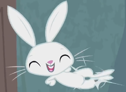 Size: 1364x1004 | Tagged: safe, edit, edited screencap, screencap, angel bunny, rabbit, g4, she talks to angel, animal, clapping, cropped, elated, excited, eyes closed, happy, leaping, male, solo