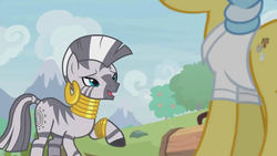 Size: 1366x768 | Tagged: safe, screencap, doctor fauna, zecora, zebra, g4, she talks to angel, ear piercing, earring, female, jewelry, leg rings, mare, neck rings, piercing, raised hoof, solo focus