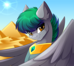 Size: 2000x1765 | Tagged: safe, artist:airiniblock, oc, oc only, oc:mido storm, sphinx, rcf community, clothes, commission, desert, jewelry, large wings, male, pyramid, sand, scenery, smiling, solo, sphinx oc, wings