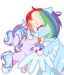 Size: 408x479 | Tagged: safe, artist:xxcutecookieswirlsxx, rainbow dash, oc, oc:moon eclipse, pegasus, pony, unicorn, g4, alternate design, alternate universe, bandage, blushing, eyes closed, female, filly, hug, magical lesbian spawn, mare, mother and daughter, multicolored hair, offspring, parent:rainbow dash, parent:twilight sparkle, parents:twidash, rainbow hair, two toned wings, wings