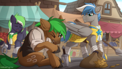 Size: 1920x1080 | Tagged: safe, artist:redchetgreen, oc, oc only, oc:cloud zapper, oc:jaeger sylva, oc:moonlit ace, earth pony, pegasus, pony, armor, bag, bits, blood, clothes, market, money, nosebleed, royal guard, scenery, spear, thief, town, weapon