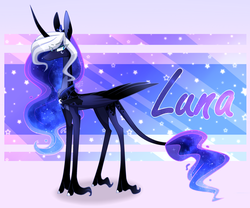 Size: 2647x2203 | Tagged: safe, artist:sugaryicecreammlp, princess luna, alicorn, pony, g4, alternate design, chest fluff, colored horn, crown, curved horn, ear fluff, ethereal hair, ethereal mane, ethereal tail, female, gradient legs, high res, horn, jewelry, leonine tail, long feather, long fetlocks, mare, pale belly, peytral, regalia, skinny, slender, solo, sparkly mane, sparkly tail, starry mane, starry tail, tail, thin, tiara, unshorn fetlocks, white-haired luna