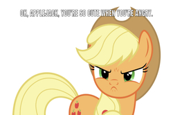 Size: 750x499 | Tagged: safe, artist:dashiesparkle edit, edit, editor:undeadponysoldier, applejack, earth pony, pony, g4, angry, applejack is not amused, applejack's hat, caption, cowboy hat, cute, cute when angry, female, hat, image macro, jackabetes, looking at you, mare, simple background, solo, text, unamused, white background