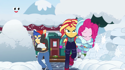 Size: 1912x1080 | Tagged: safe, screencap, flash sentry, pinkie pie, sunset shimmer, equestria girls, equestria girls series, g4, holidays unwrapped, saving pinkie's pie, spoiler:eqg series (season 2), clothes, female, male, outdoors, plusplus, snow, snowball, snowball fight, souffle, winter outfit
