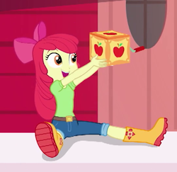 Size: 540x524 | Tagged: safe, screencap, apple bloom, equestria girls, equestria girls series, g4, holidays unwrapped, the cider louse fools, spoiler:eqg series (season 2), adorabloom, boots, box, clothes, cropped, cute, female, jack-in-the-box, shoes, sitting, smiling, solo