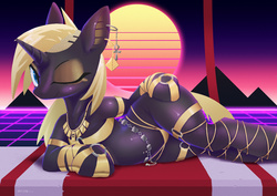 Size: 2000x1414 | Tagged: safe, artist:satv12, oc, oc only, pony, unicorn, semi-anthro, ankh, beautiful, beautisexy, belly button, belly piercing, bellyring, clothes, ear piercing, earring, egyptian, egyptian pony, eyeshadow, female, jewelry, makeup, mare, necklace, one eye closed, outrun, panties, piercing, pyramid, sexy, shiny, solo, translucent, underwear, wink
