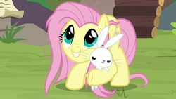 Size: 1920x1080 | Tagged: safe, screencap, angel bunny, fluttershy, pegasus, pony, rabbit, g4, she talks to angel, animal, annoyed, cute, duo, female, male, mare, messy mane, shyabetes, smiling