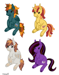 Size: 1367x1724 | Tagged: safe, artist:misskanabelle, oc, oc only, oc:moon singer, oc:morning raindew mist, oc:pixel perfect, oc:tio's ponysona, earth pony, pegasus, pony, unicorn, beady eyes, blank flank, colored wings, cutie mark, fluffy, long ears, multicolored wings, smiling, wings, ych result