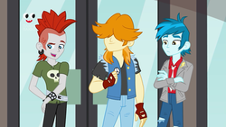Size: 1280x720 | Tagged: safe, screencap, crimson napalm, thunderbass, valhallen, equestria girls, equestria girls series, g4, holidays unwrapped, spoiler:eqg series (season 2), background human, clothes, crossed arms, fingerless gloves, gloves, male, pants, plusplus