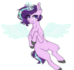 Size: 998x938 | Tagged: safe, artist:micky-ann, artist:millerrachel, edit, starlight glimmer, pony, unicorn, g4, alternate hairstyle, artificial wings, augmented, collaboration, female, glowing horn, horn, magic, magic wings, smiling, solo, wings