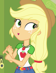 Size: 560x720 | Tagged: safe, screencap, applejack, equestria girls, equestria girls specials, g4, my little pony equestria girls: better together, my little pony equestria girls: holidays unwrapped, applejack's hat, belt, clothes, cowboy hat, cropped, denim skirt, female, freckles, geode of super strength, hat, magical geodes, skirt, solo, stetson