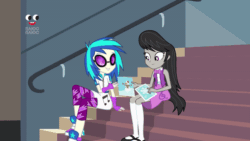 Size: 800x450 | Tagged: safe, screencap, dj pon-3, octavia melody, vinyl scratch, equestria girls, equestria girls specials, g4, my little pony equestria girls: better together, my little pony equestria girls: holidays unwrapped, animated, arm behind head, female, gif, greeting card, happy, looking at each other, plusplus, sitting, smiling, stairs, sunglasses