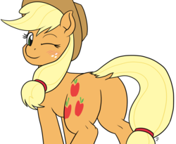 Size: 1280x1050 | Tagged: safe, alternate version, artist:mkogwheel, applejack, earth pony, pony, g4, applejack's hat, blushing, butt, cowboy hat, cute, dock, featureless crotch, female, hat, looking back, mare, one eye closed, plot, simple background, solo, white background, wink