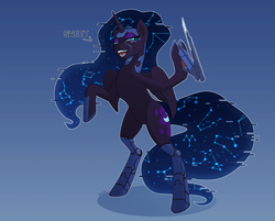 Size: 2706x2174 | Tagged: safe, artist:remi721, nightmare moon, alicorn, cyborg, pony, g4, augmented, constellation, cyberpunk, cyberpunk 2077, female, high res, mantis blades, mare, smiling, solo
