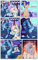 Size: 2301x3549 | Tagged: safe, artist:darlyjay, oc, oc only, oc:glowing flower, oc:persephone, oc:sterling sentry, dracony, hybrid, pony, unicorn, comic:save the harmony, angry, comic, female, high res, interspecies offspring, mare, offspring, parent:discord, parent:flash sentry, parent:fluttershy, parent:rarity, parent:spike, parent:twilight sparkle, parents:discoshy, parents:flashlight, parents:sparity