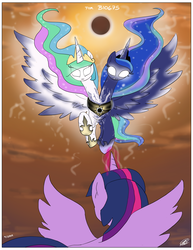 Size: 2550x3300 | Tagged: safe, artist:loreto-arts, princess celestia, princess luna, twilight sparkle, alicorn, pony, g4, conjoined, conjoined royal sisters, eclipse, fusion, glowing eyes, high res, multiple heads, royal sisters, solar eclipse, twilight sparkle (alicorn), two heads, we have become one