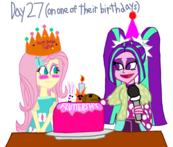 Size: 2000x1706 | Tagged: safe, artist:bigpurplemuppet99, aria blaze, fluttershy, equestria girls, g4, my little pony equestria girls: better together, 27, 30 day otp challenge, ariashy, birthday cake, birthday crown, blushing, cake, female, food, hat, lesbian, microphone, party hat, shipping