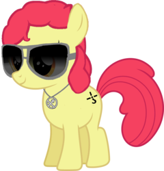 Size: 786x818 | Tagged: safe, editor:grapefruitface, apple bloom, earth pony, pony, g4, alternate cutie mark, blue oyster cult, eric bloom, female, jewelry, necklace, pun, simple background, solo, sunglasses, transparent background, vector, visual pun