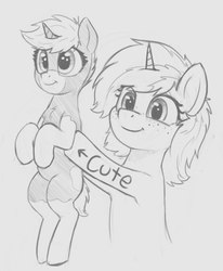 Size: 538x652 | Tagged: safe, artist:zippysqrl, oc, oc only, oc:nootaz, oc:sign, pony, unicorn, body writing, chest fluff, cute, duo, female, freckles, grayscale, holding a pony, hoof hold, hooves up, monochrome, smiling