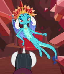 Size: 749x862 | Tagged: safe, artist:queencold, chancellor neighsay, princess ember, dragon, g4, anklet, apology, bracelet, claws, crown, dragon lord ember, dragoness, duo, female, frown, gem, jewelry, lounging, paws, pillow, queen, regalia, sexy, show accurate, toes