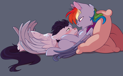 Size: 3700x2300 | Tagged: safe, artist:glitterstar2000, rainbow dash, soarin', pegasus, pony, g4, comforting, female, fever, high res, looking up, male, mare, pillow, red nosed, ship:soarindash, shipping, sick, stallion, straight