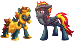 Size: 3651x1995 | Tagged: safe, artist:tiothebeetle, oc, oc only, oc:captain charcoal, oc:morning raindew mist, pegasus, pony, armor, awkward, clothes, cute, floppy ears, laughing, open mouth, outline, oversized armor, oversized clothes, similar, size difference, small wings, smiling, solo, stifling laughter, too big, wavy mouth, wings