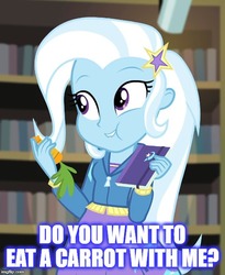 Size: 500x609 | Tagged: safe, edit, edited screencap, screencap, trixie, equestria girls, equestria girls specials, g4, my little pony equestria girls: better together, my little pony equestria girls: forgotten friendship, carrot, cropped, eating, female, food, humans doing horse things, solo